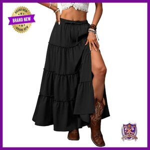 Summer Maxi Skirt with Pockets, Elastic Waist, Side Slit, Tiered Boho
